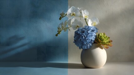 White orchids blue hydrangea and succulent in white vase on textured background with shadows flower arrangement