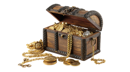 Ancient treasure chest with gold coins and jewelry on display for a pirate adventure theme