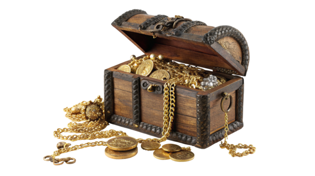 Ancient treasure chest with gold coins and jewelry on display for a pirate adventure theme