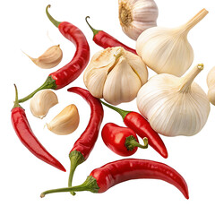 Fresh garlic and red chili peppers isolated on black background for spicy cooking ingredients