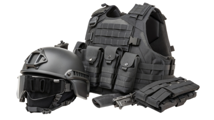 Tactical gear setup with bulletproof vest and advanced helmet for security operations display now