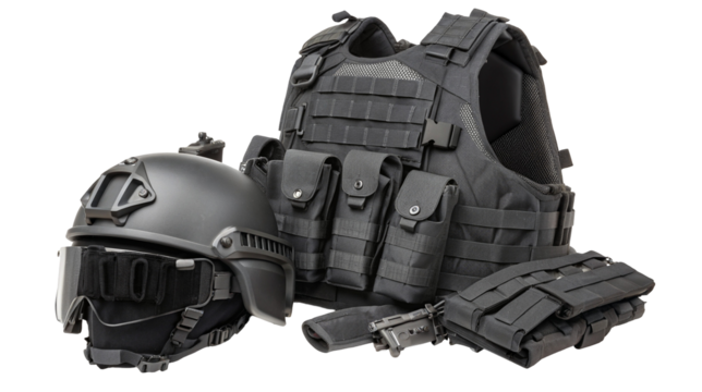 Tactical gear setup with bulletproof vest and advanced helmet for security operations display now