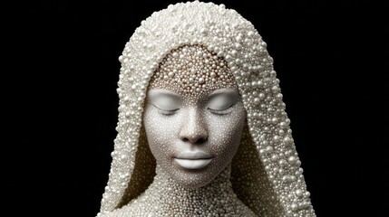 Unique art display featuring a model adorned in pearl-like accents against a dark background highlighting intricate textures