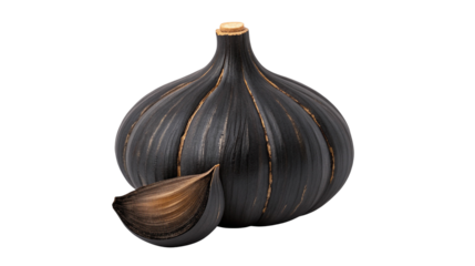 Organic black garlic bulb with clove isolated on dark background for gourmet cooking and health