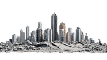 City Destruction: a symbolic scene of urban ruin, with tall skyscrapers standing amidst piles of rubble and debris, conveying themes of devastation and the fragility of civilization.