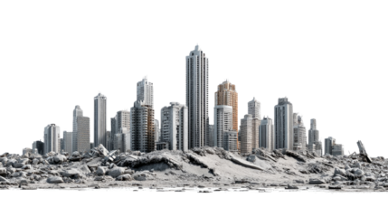 City Destruction: a symbolic scene of urban ruin, with tall skyscrapers standing amidst piles of rubble and debris, conveying themes of devastation and the fragility of civilization.