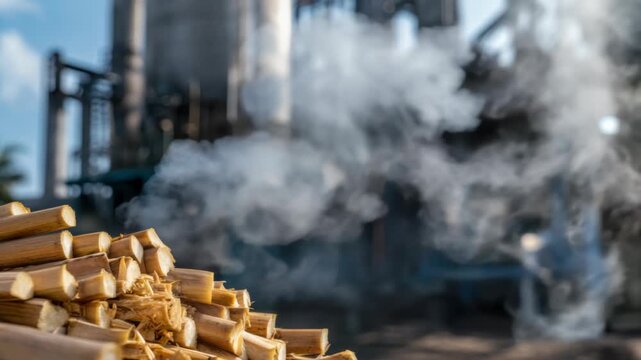 Sugarcane fuel stalk harvest bioenergy factory scene with steam rising and industrial plant background creating warm natural light and rural production atmosphere sugarcane fuel factory processing