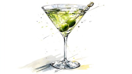 Classic Dry Martini Cocktail Watercolor Illustration