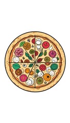 Delicious vegetarian pizza with colorful toppings isolated on white background