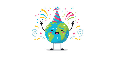 Happy earth character wearing party hat celebrating with confetti and streamers