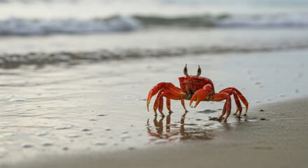 A bright red crab walks on a wet sandy beach near the ocean waves