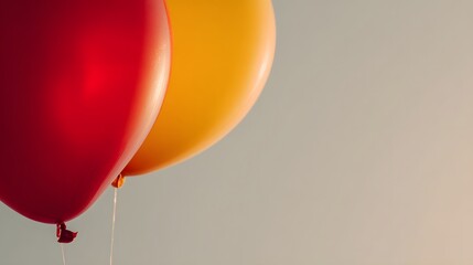 Two vibrant balloons, red and orange, hang against a soft gray backdrop, creating a cheerful and festive atmosphere.