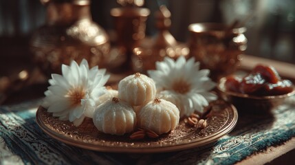 Exquisite Eastern Sweets Still Life with Flowers and Ornamental Vessels