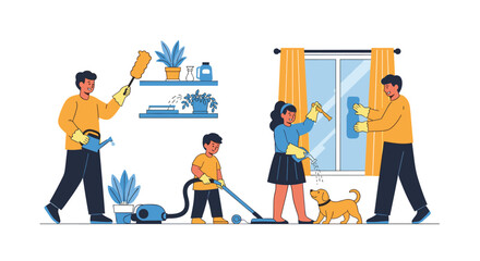 Family and child teamwork for household cleaning and tidying up together
