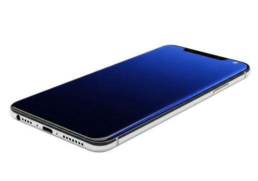 Ultra-thin smartphone with vibrant deep indigo edge-to-edge boundless display, polished silver crystalline glass body, on transparent background with copy space. Concept of futuristic technology