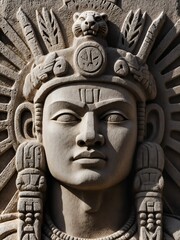 A 2D stone carving of Kinich Ahau, the Maya sun god. The portrait is in a classic bas-relief style, with intricate, angular lines and deep-cut shadows. 