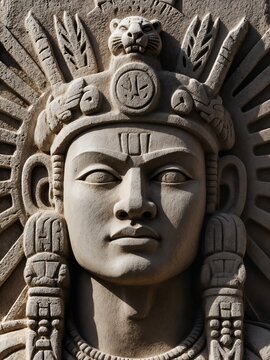 A 2D stone carving of Kinich Ahau, the Maya sun god. The portrait is in a classic bas-relief style, with intricate, angular lines and deep-cut shadows. 