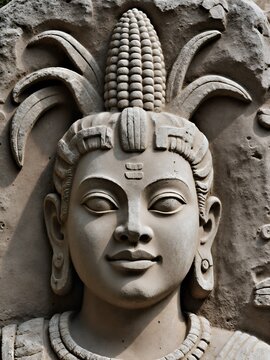 A 2D stone relief portrait of Yum Kaax, the Maya god of maize and agriculture. His face is serene and youthful, with a stylized corn cob emerging from his head as a headdress. 