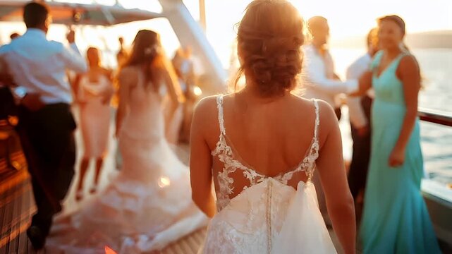 A vibrant, sunlit scene of a wedding celebration on a boat. The main subject is a woman in a white wedding dress, smiling broadly. She is surrounded by guests, some of whom are dancing.