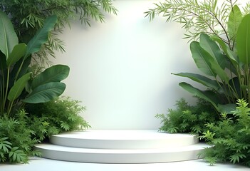 A White Stage empty Podium Surrounded by Lush Greenery Display Nature background