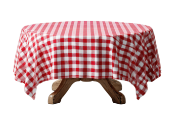 Red and White Gingham Tablecloth Gracefully Covers a Rustic Wooden Table Against a Dark Backdrop