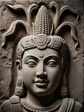 A 2D stone relief portrait of Yum Kaax, the Maya god of maize and agriculture. His face is serene and youthful, with a stylized corn cob emerging from his head as a headdress. 