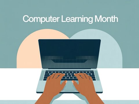 Hands typing on a laptop celebrating computer learning month with a soft background - Powered by Adobe