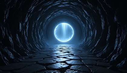 Mysterious glowing orb illuminating dark rugged cave pathway with wet stone floor