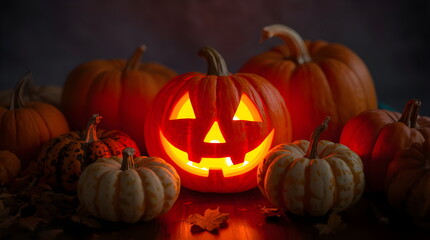Fototapeta premium A cozy and warm still life of a glowing jack-o'-lantern and various pumpkins