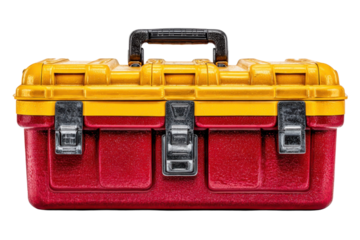 Red and yellow toolbox metal latches storage box rugged container repair equipment sturdy tools