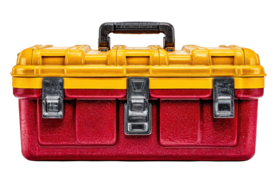 Red and yellow toolbox metal latches storage box rugged container repair equipment sturdy tools