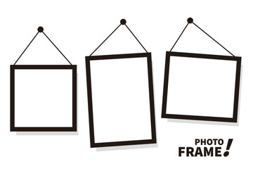 Empty white photo frame with hanging string. Frames of different shapes on the wall, empty retro memory album. Photography collage vector mockup set. Design illustration.