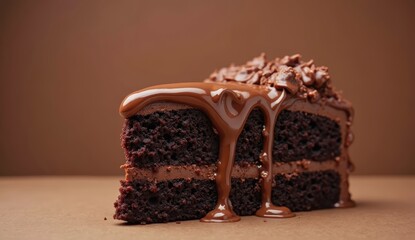 Decadent slice of chocolate cake with rich ganache drizzle