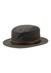 Rugged heavy-duty deep charcoal grey waxed canvas field hat with narrow brim & dark brown leather band, isolated on transparent, professional studio shot. Concept of durable outdoor gear