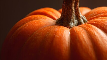 Close-up view of a vibrant orange pumpkin, showcasing its textured skin and stem.
