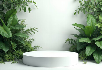 A White Stage empty Podium Surrounded by Lush Greenery Display Nature background