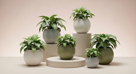 Serene Still Life: Assorted Potted Plants on Geometric Pedestals, Soft Lighting
