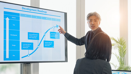 A middle-aged male business person giving an explanation in front of a large screen monitor