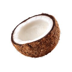 Halved coconut with thick fibrous husk and white flesh A tropical fruit used in food drinks and beauty products Isolated