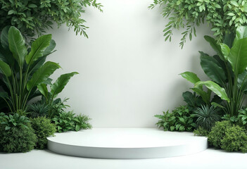 A White Stage empty Podium Surrounded by Lush Greenery Display Nature background