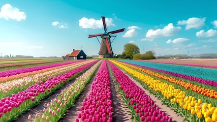 A vivid, colorful tulip field under a clear blue sky with fluffy white clouds.