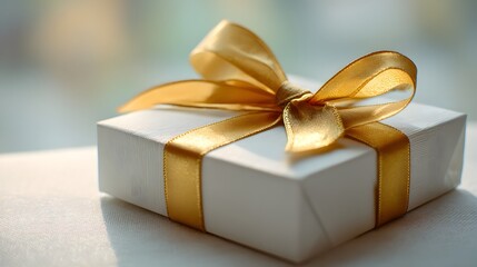 A close-up view of a white gift box adorned with a golden ribbon bow, showcasing a simple yet elegant presentation.