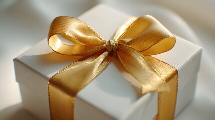 A close-up view of a white gift box tied with a gold ribbon, showcasing a delicate and elegant design.
