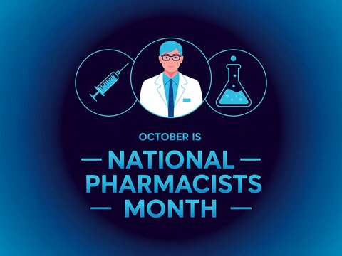 Celebrating national pharmacists month with a medical professional and pharmaceutical symbols