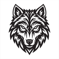 Fierce wolf head illustration in black and white style