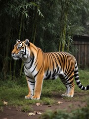 Fototapeta premium Majestic tiger roaming in bamboo grove wildlife photography natural habitat side view captivating nature moment