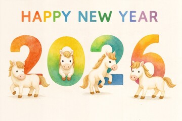 2026年_年賀状_素材_横_イラスト_水彩画_白馬_01