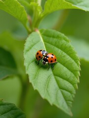 Fototapeta premium Ladybugs mating on green leaf nature close-up outdoor environment macro viewpoint insect behavior