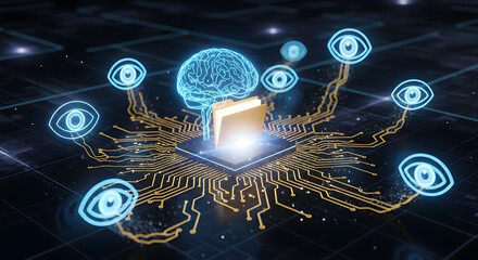 Futuristic Holographic AI Brain with Digital Folder, Data Circuits, Cloud Storage, Cybersecurity, DNA Integration, and Sci-Fi Neural Networks Concept Art