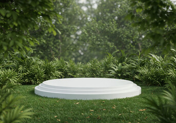 A White Stage empty Podium Surrounded by Lush Greenery Display Nature background